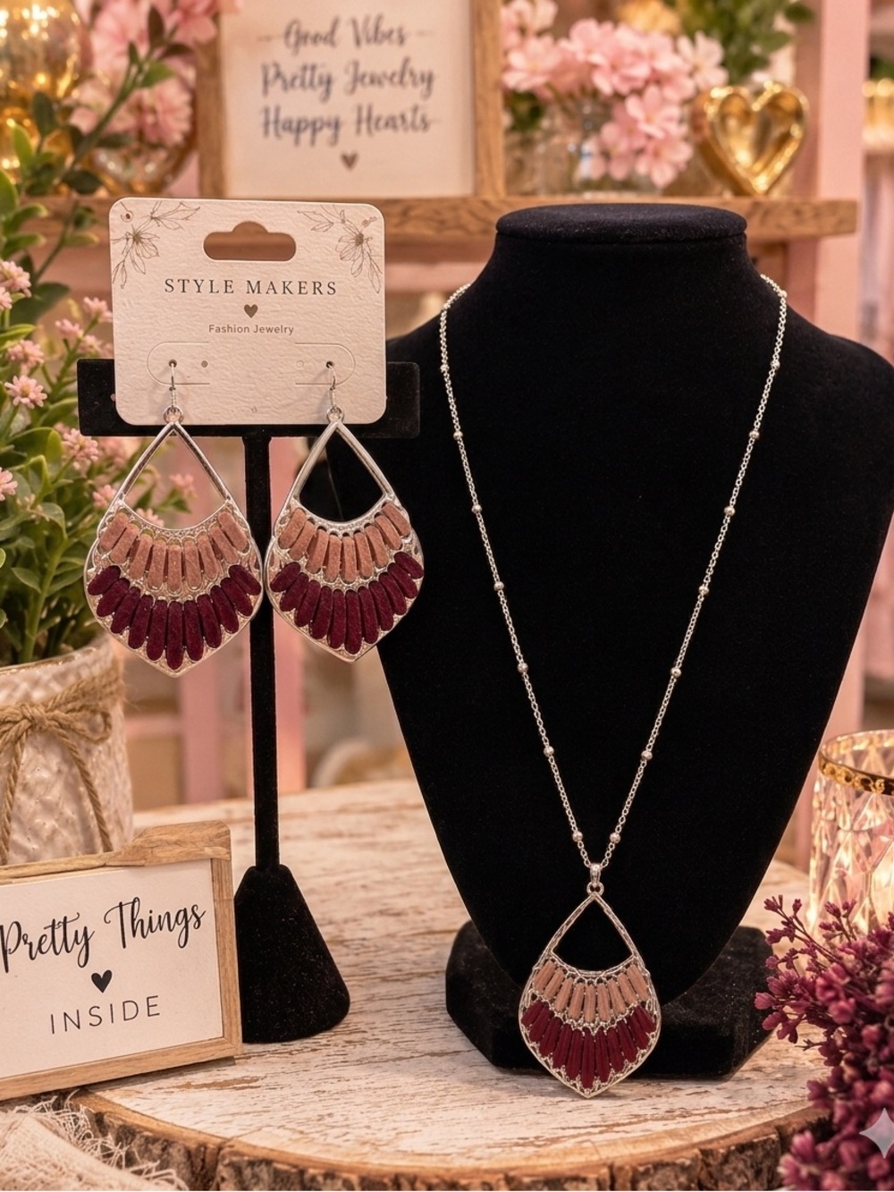 Maurices Style Makers Silver Necklace & Earrings Set in Burgundy & Blush